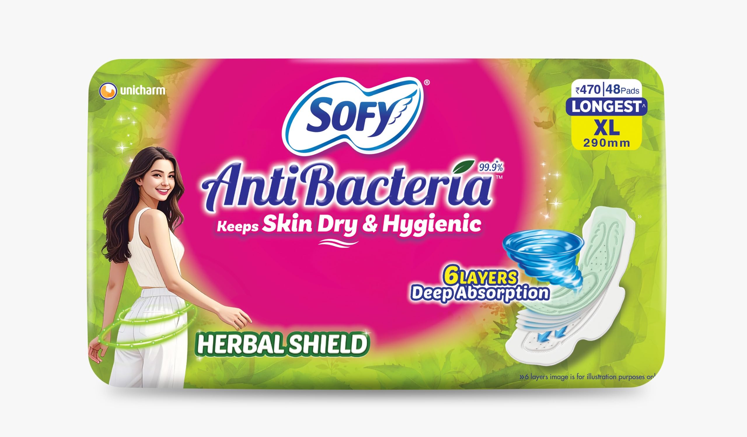 Sofy Antibacteria Xl  290Mm | 48 Count Pads | For Women Sanitary Pads | Keep Skin Dry | 6 Layer Deep Absorption | Herbal Shield
