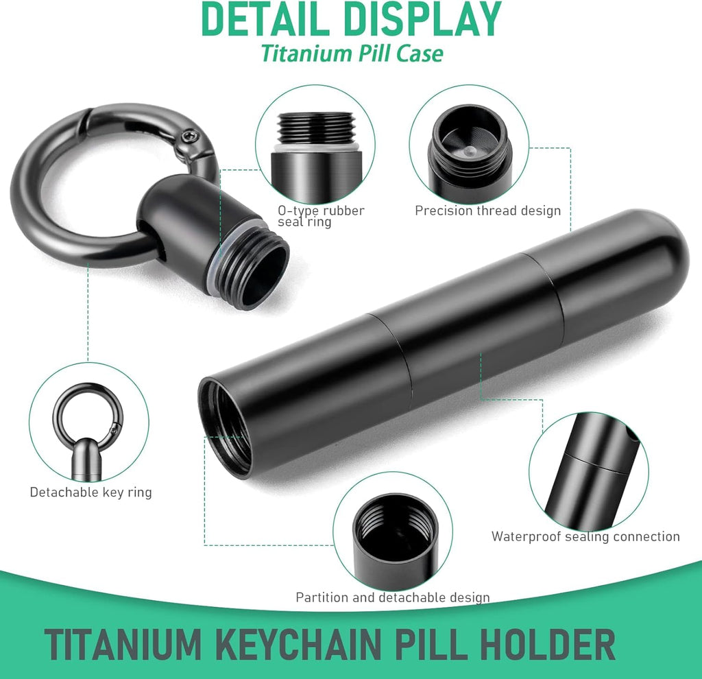 TISUR Keychain Pill Holder, Titanium Small Pill Case Pill Organizer Waterproof Pill Box, EDC Portable Pill Container for Travel