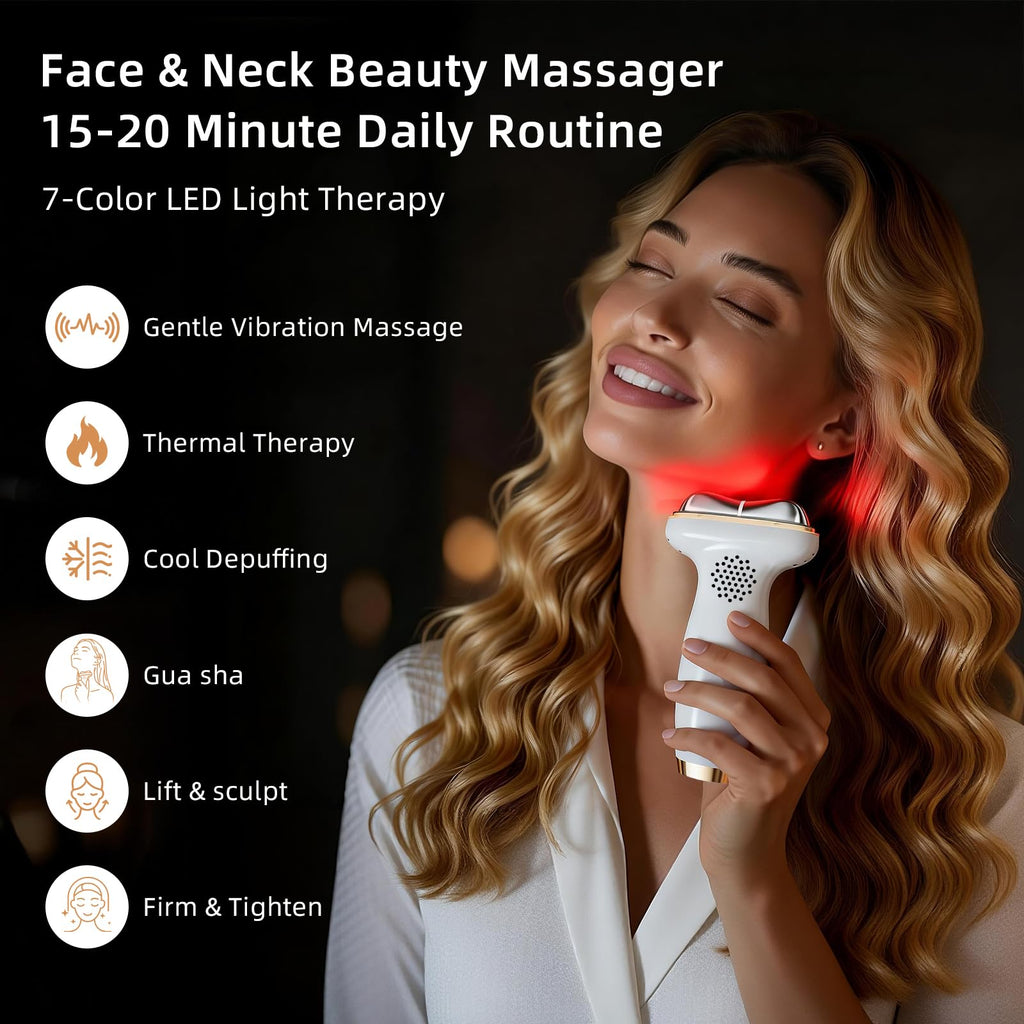 Red Light for Face & Neck Beauty Massager, 7-in-1 LED Gua Sha Sculptor, Microcurrent, Vibration for Face Neck Eye Lifting, Wrink
