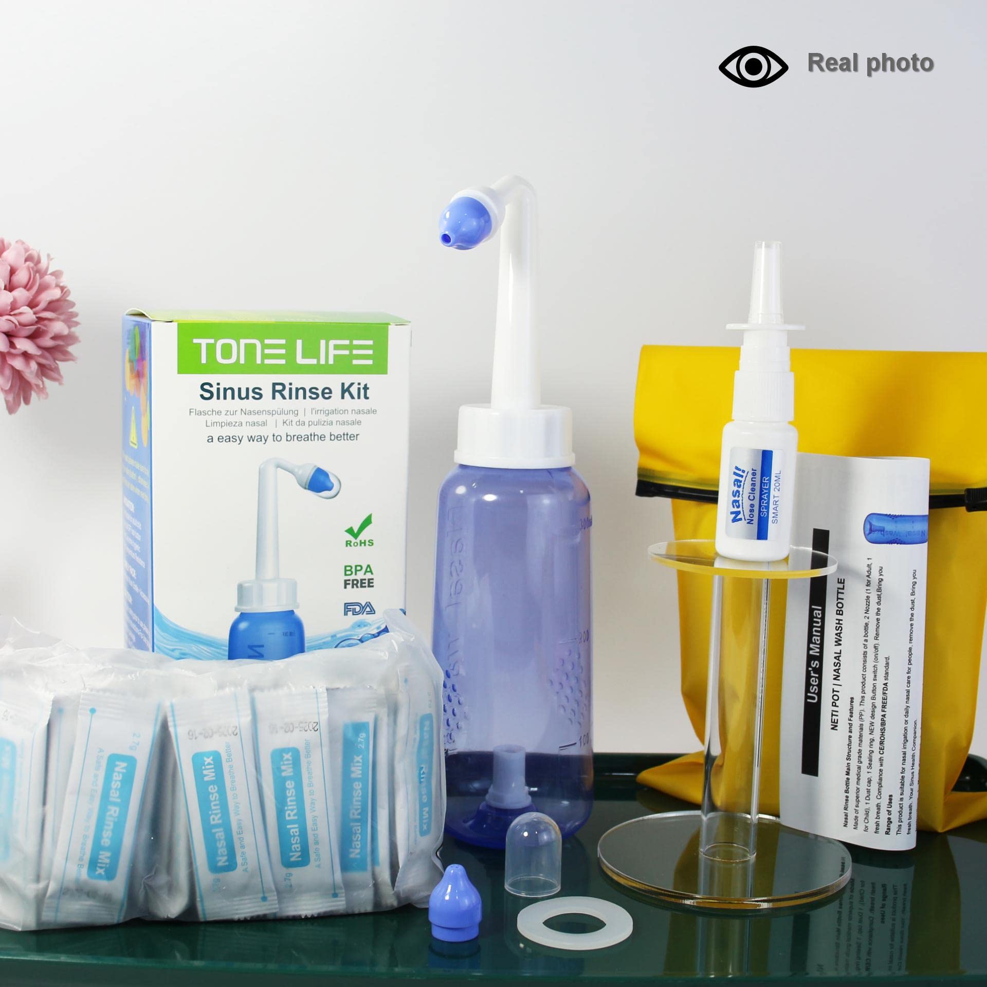 40 Nasal Salt + Neti Pot 300ml + Moisturizing Nasal Sprayer [Daily Nose Care] + Waterproof Travel Bag - Nasal Wash Saline Packet