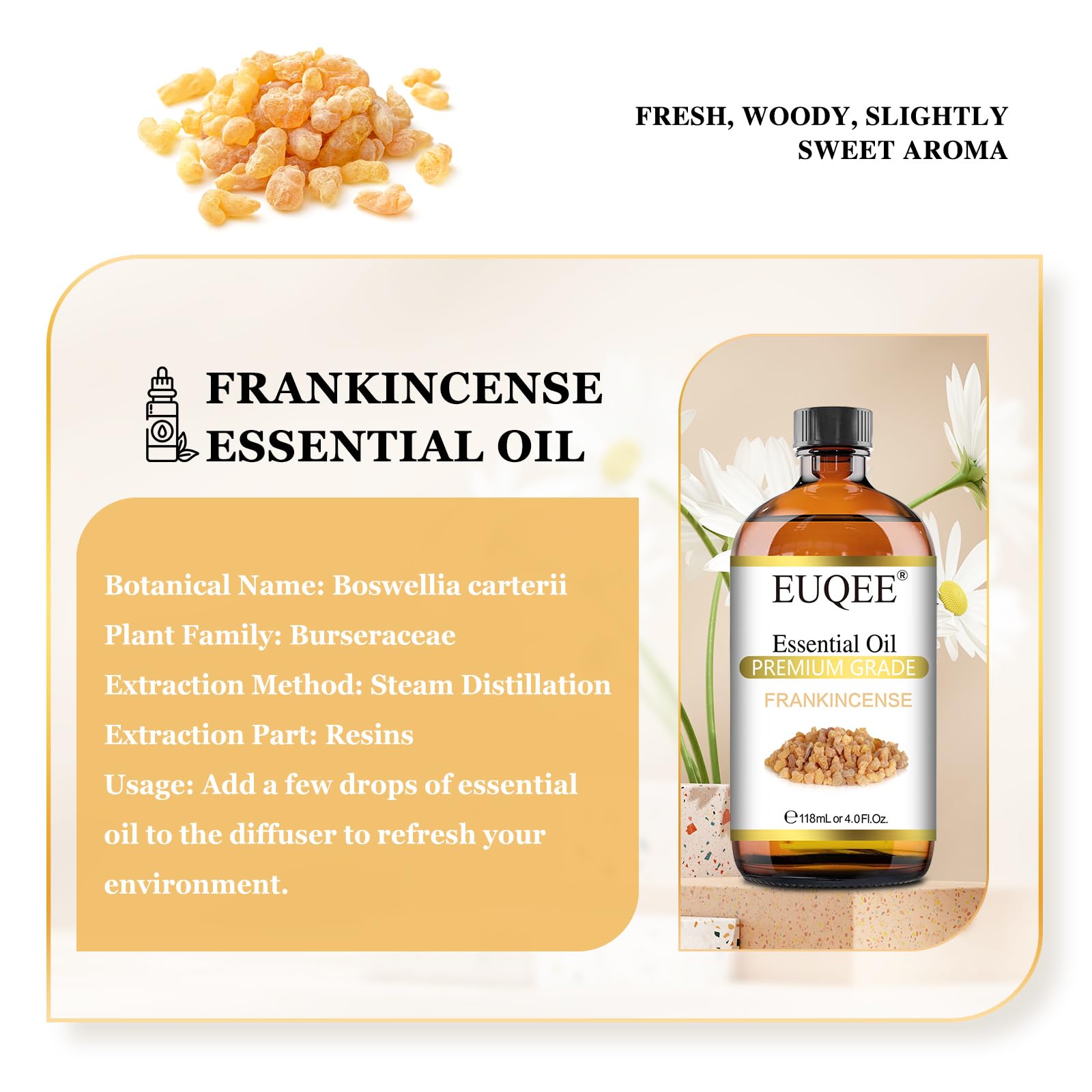 EUQEE Frankincense Essential Oil 118ml Large Bottle Pure Frankincense Oil with Glass Dropper Greatect for Aromatherapy, Diffuser
