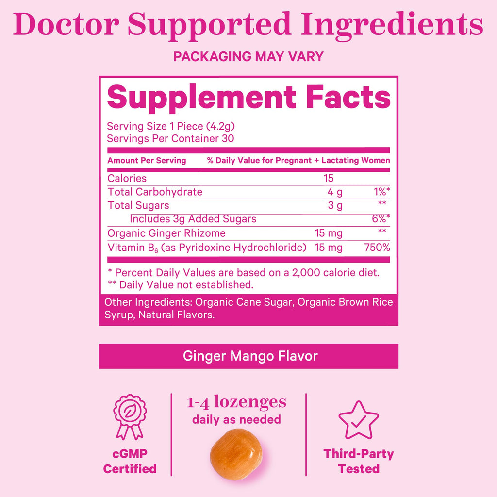 Pink Stork Morning Sickness Sweets, Organic Mango Ginger Candy with Vitamin B6 for Morning Sickness, Motion Sickness, Prenatal H