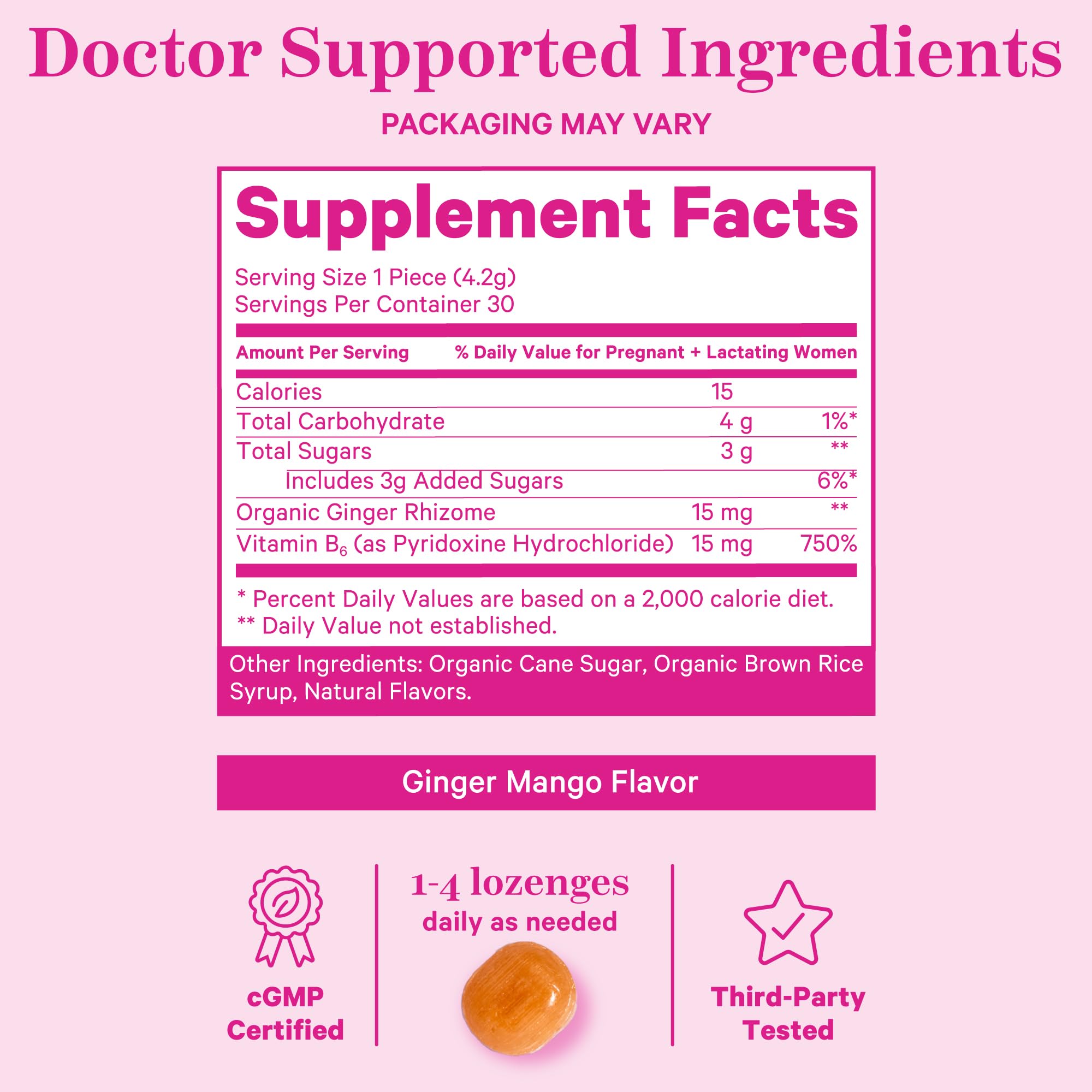 Pink Stork Morning Sickness Sweets, Organic Mango Ginger Candy with Vitamin B6 for Morning Sickness, Motion Sickness, Prenatal H