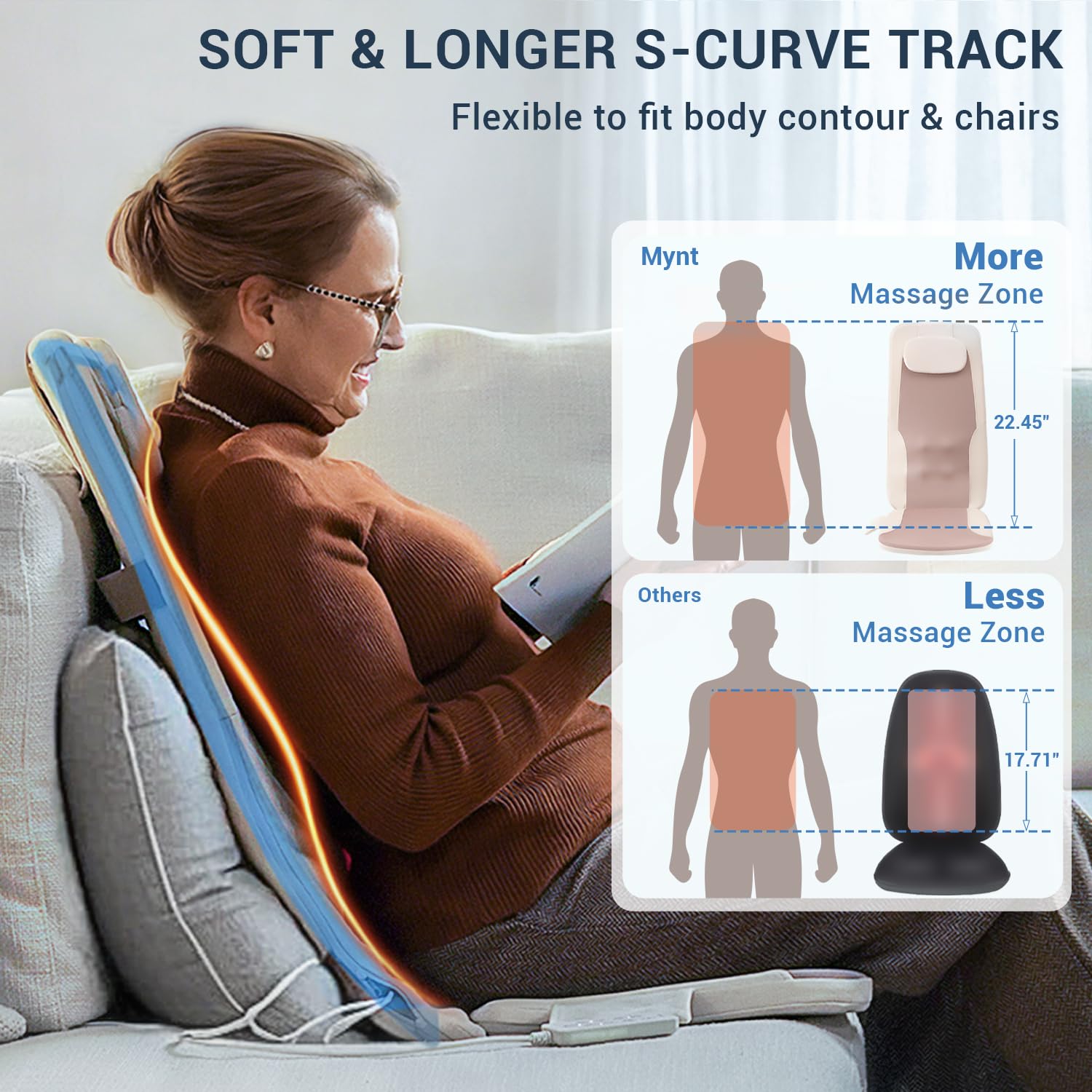 Mynt FSA HSA Eligible Foldable Back Massager, Chair Massager with Soothing Heat, Flexible Massage Chair Pad with Soft S-Curve Lo