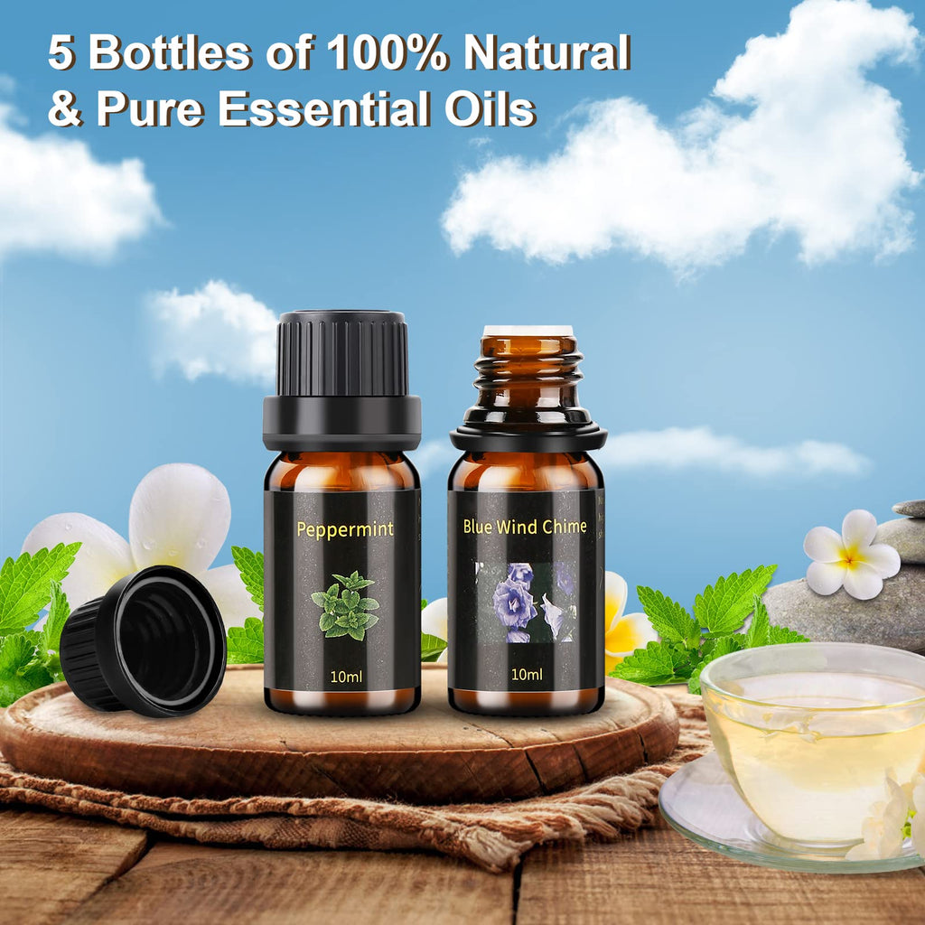 NEWYID Aromatherapy Diffuser with 5 Essential Oils, Oil Diffuser with Flame Light 3 Mist Mode 4 Timer Up to 12H of Continuous Ar