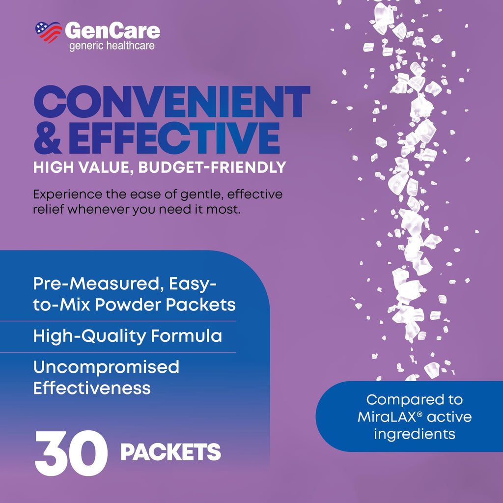 GenCare Polylethylene Glycol 3350 Powder for Solution - 30 Travel Packets - Unflavored Grit-Free Clear PEG 3350 for Occasional C