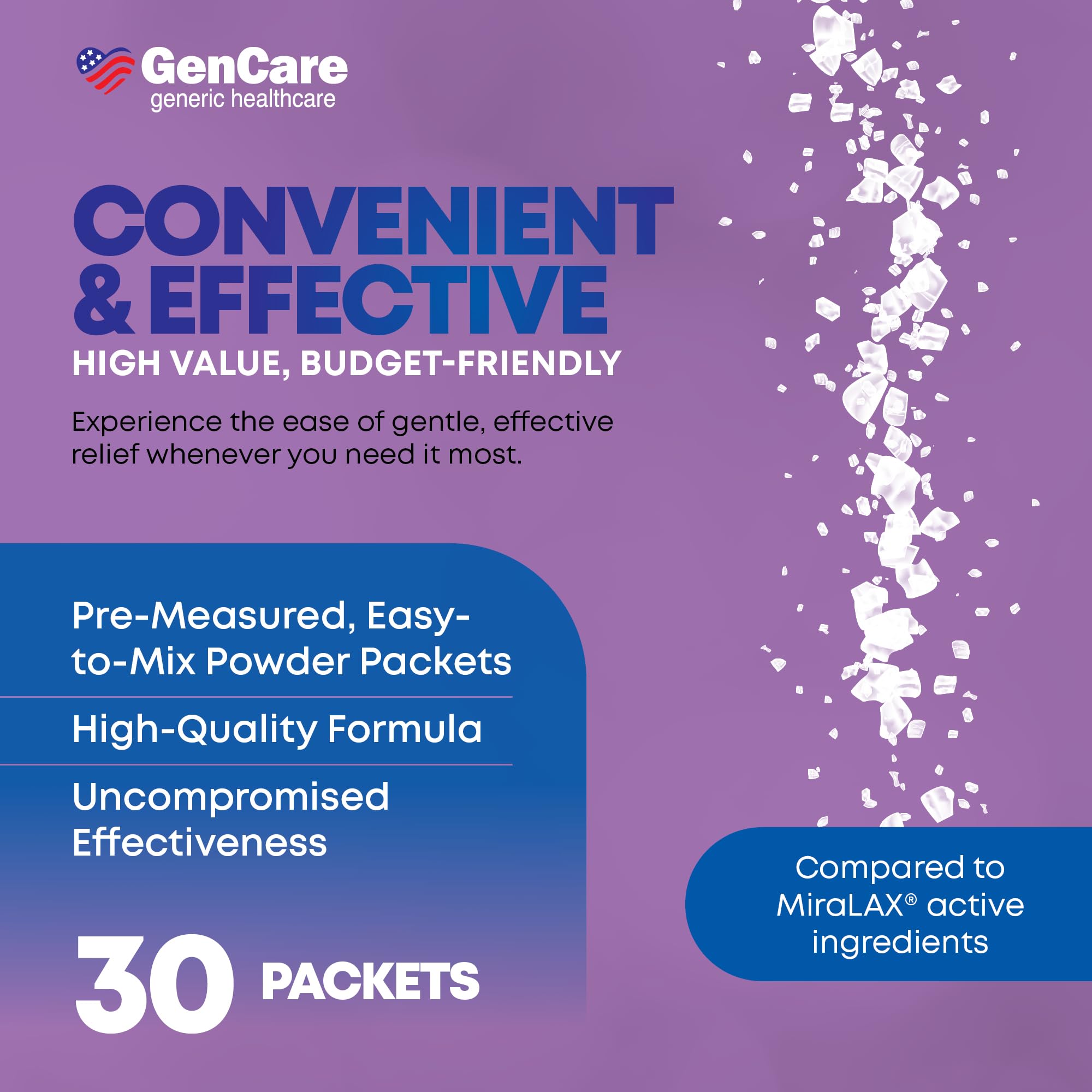 GenCare Polylethylene Glycol 3350 Powder for Solution - 30 Travel Packets - Unflavored Grit-Free Clear PEG 3350 for Occasional C