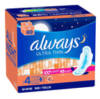 Always Always Ultra Thin Size 4 Overnight Pads with Wings Unscented 80 Ct.
