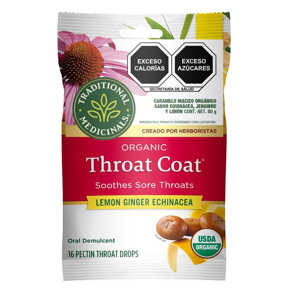 Traditional Medicinals Lozenges, Organic Throat Coat Lemon Ginger Echinacea, Sore Throat Support, 16 Individually Wrapped Lozeng