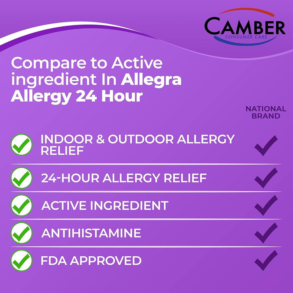 Camber Fexofenadine Antihistamine Non-Drowsy Indoor Outdoor 24hrs Allergy Relief Medicine 100 Tablets