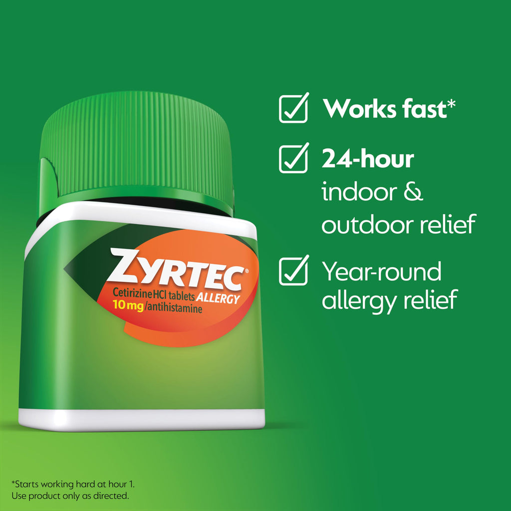 Zyrtec 24 Hour Allergy Relief Tablets, Indoor & Outdoor Anti Allergy Medicine with 10 mg Cetirizine HCl per Antihistamine Tablet