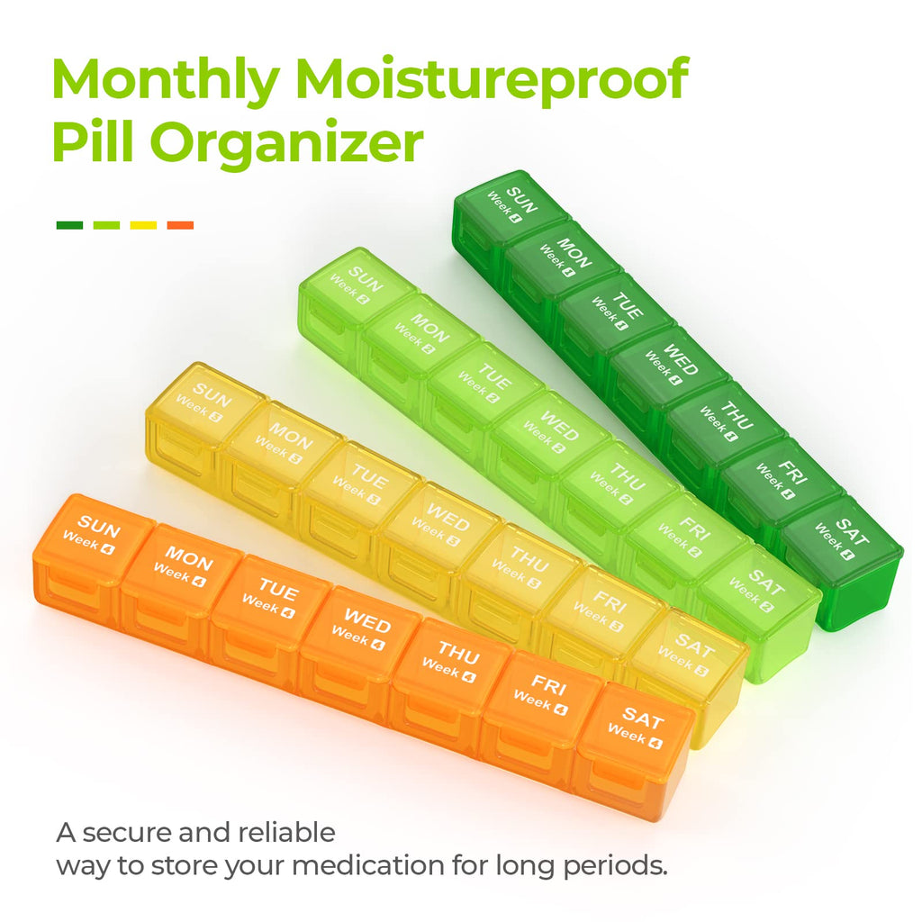 AUVON Monthly Pill Organizer Moistureproof, Large 28 Days Pill Case with Removable 4 Weeks Pill Box Rows, Travel-Friendly Pill C