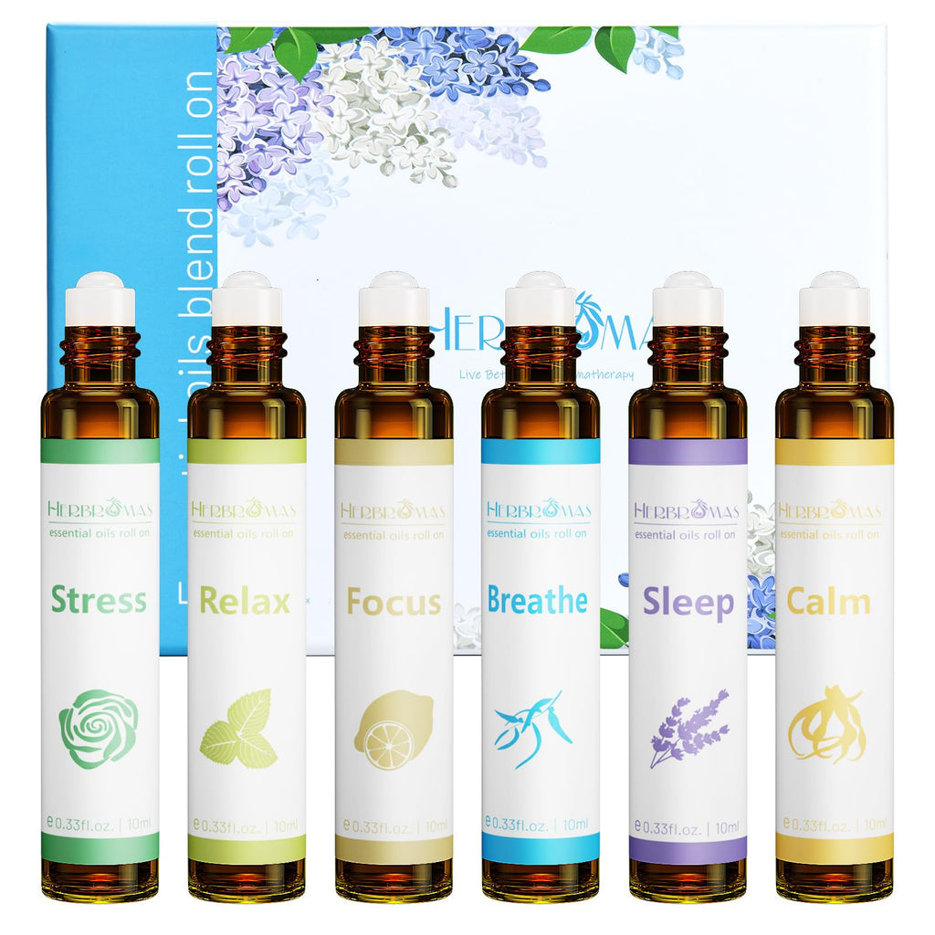 HERBROMAS Aromatherapy Essential Oils Roll On Set, Natural Pre-diluted Blend Oils for Skin Use, Relaxation Gift for Women & Men,