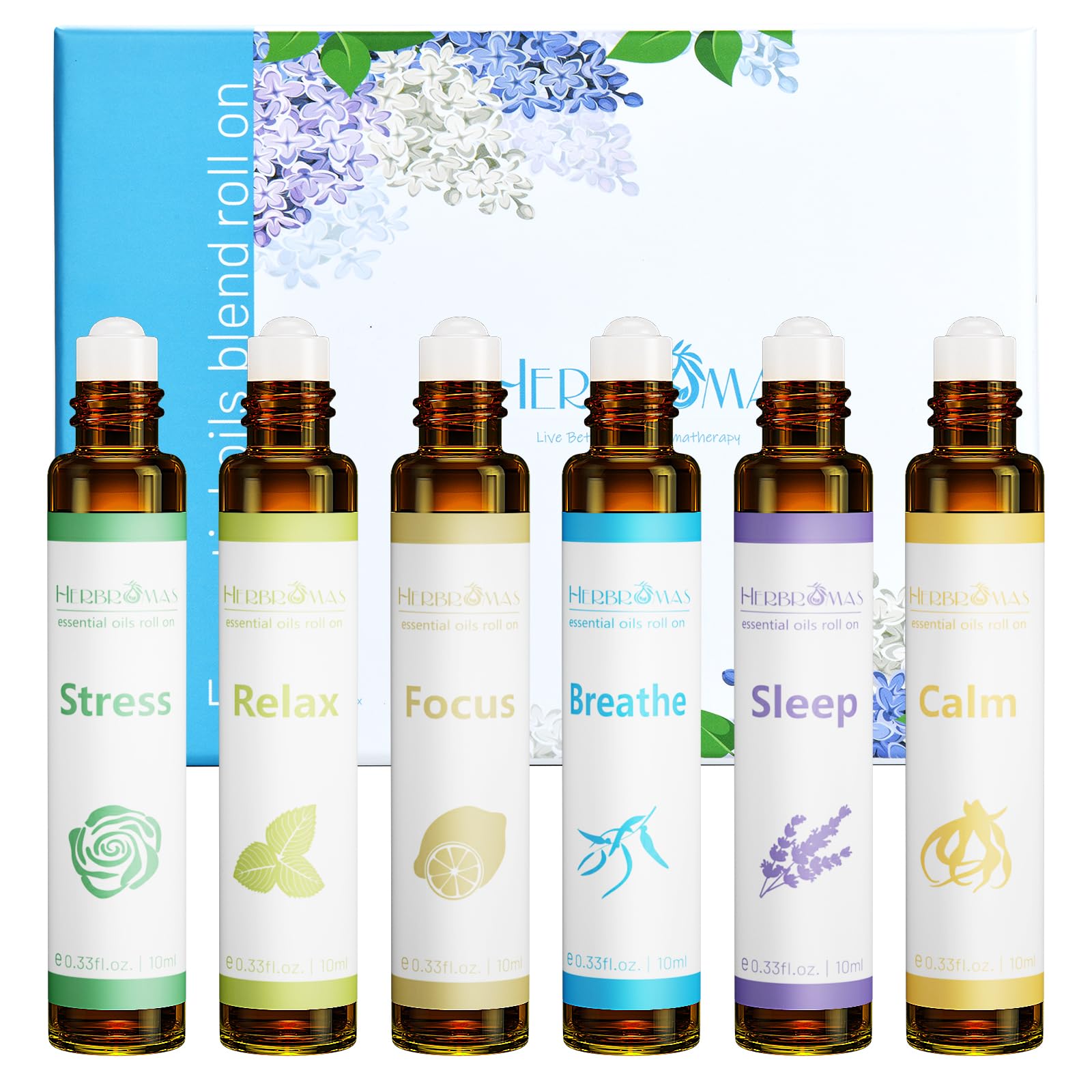 HERBROMAS Aromatherapy Essential Oils Roll On Set, Natural Pre-diluted Blend Oils for Skin Use, Relaxation Gift for Women & Men,