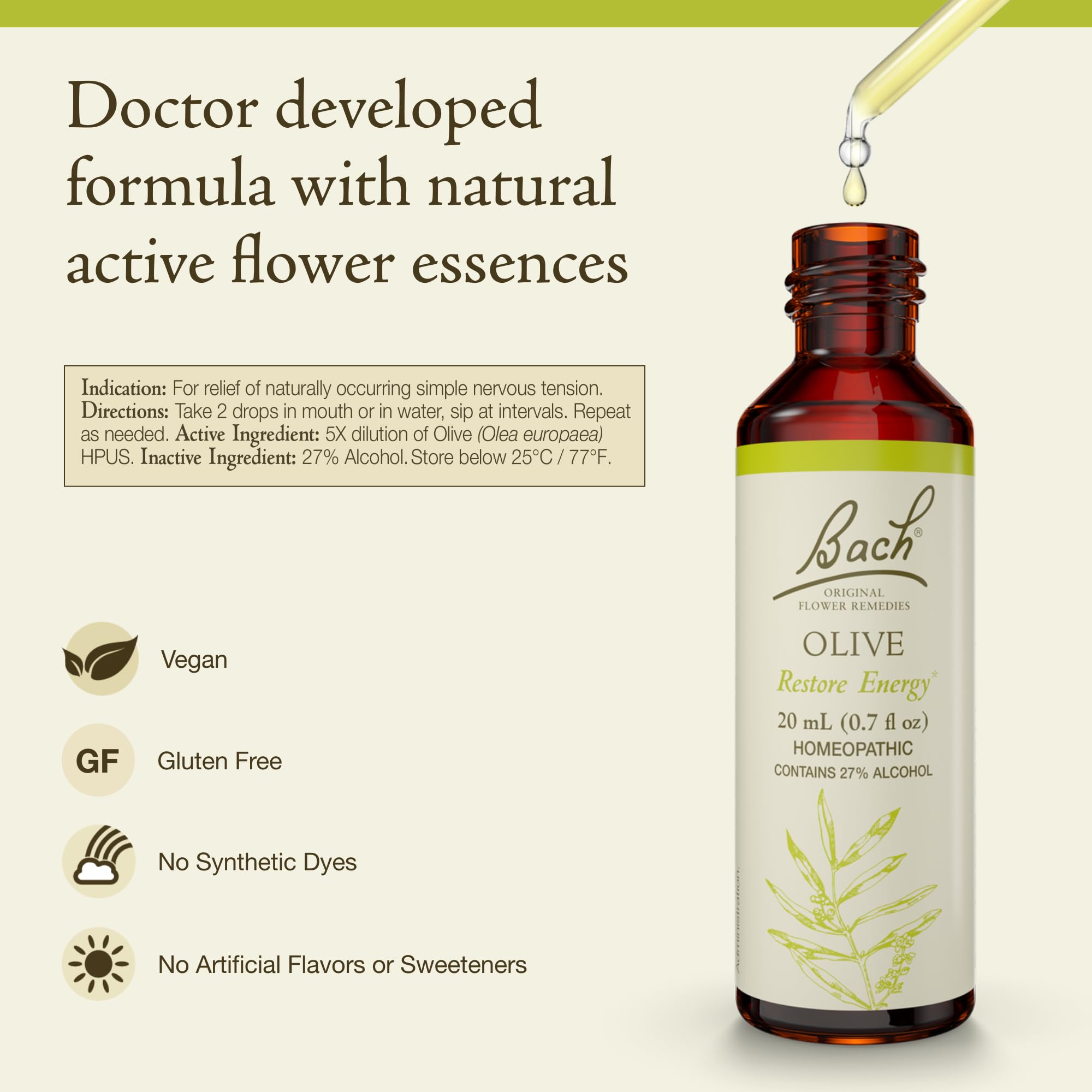 Bach Original Flower Remedies, Olive - Restore Energy - Natural Homeopathic Flower Essence for Emotional Balance - Vegan, Gluten