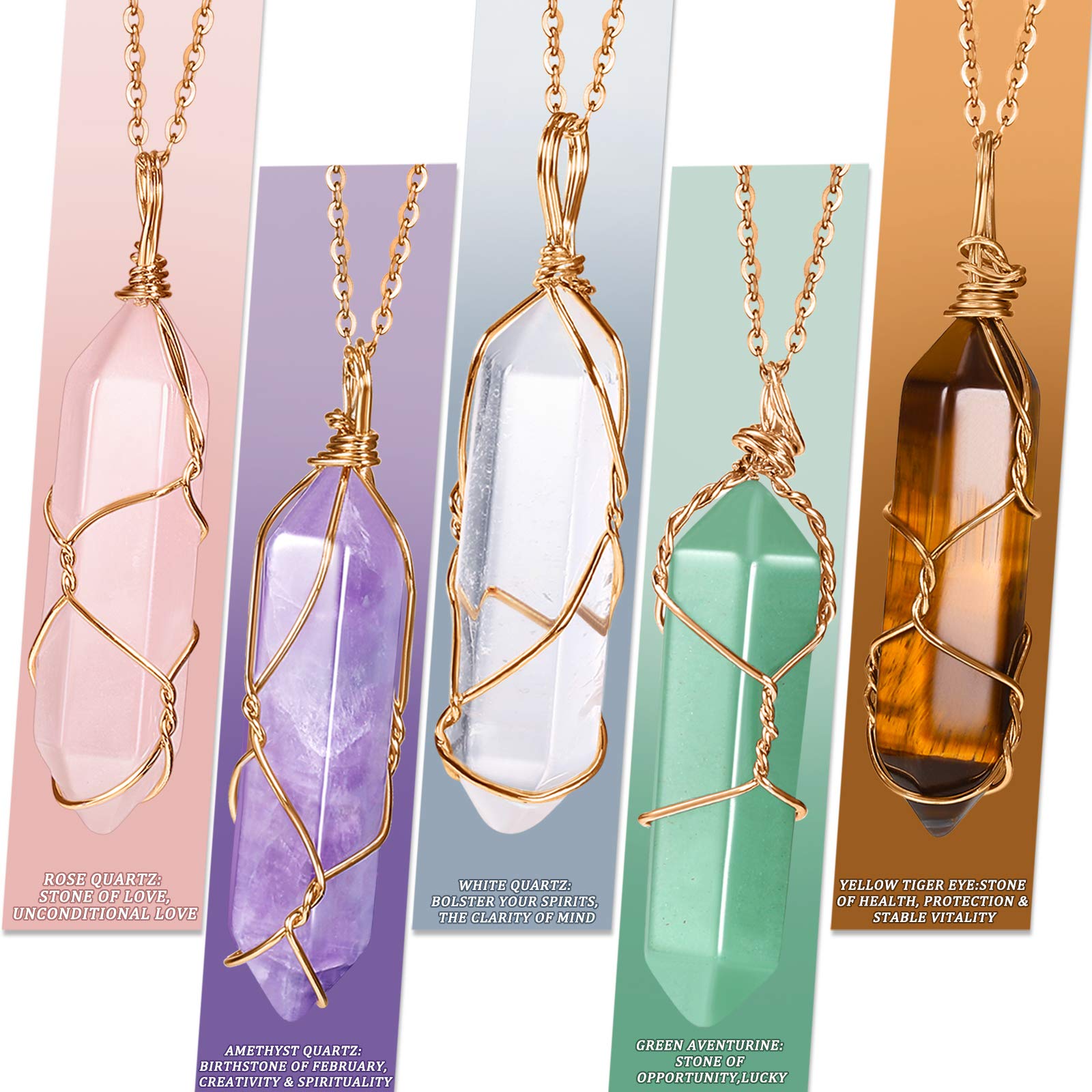 5 Pieces Crystal Necklaces, Healing Stones Spiritual Pendant Natural Gemstone Jewelry with Adjustable Chain for Women Girls (Viv