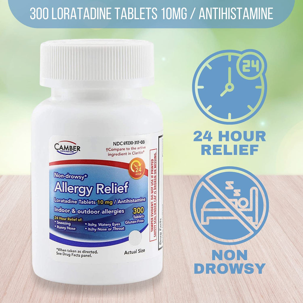 Camber Consumer Care Loratadine 10mg Allergy Pills, Antihistamine 24 Hour, Non Drowsy Allergy Relief (300 Tablets)