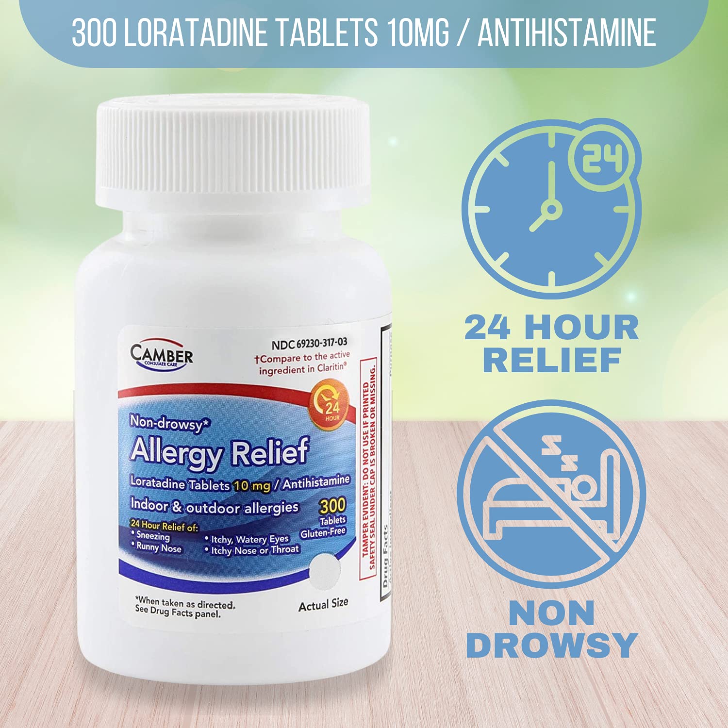 Camber Consumer Care Loratadine 10mg Allergy Pills, Antihistamine 24 Hour, Non Drowsy Allergy Relief (300 Tablets)
