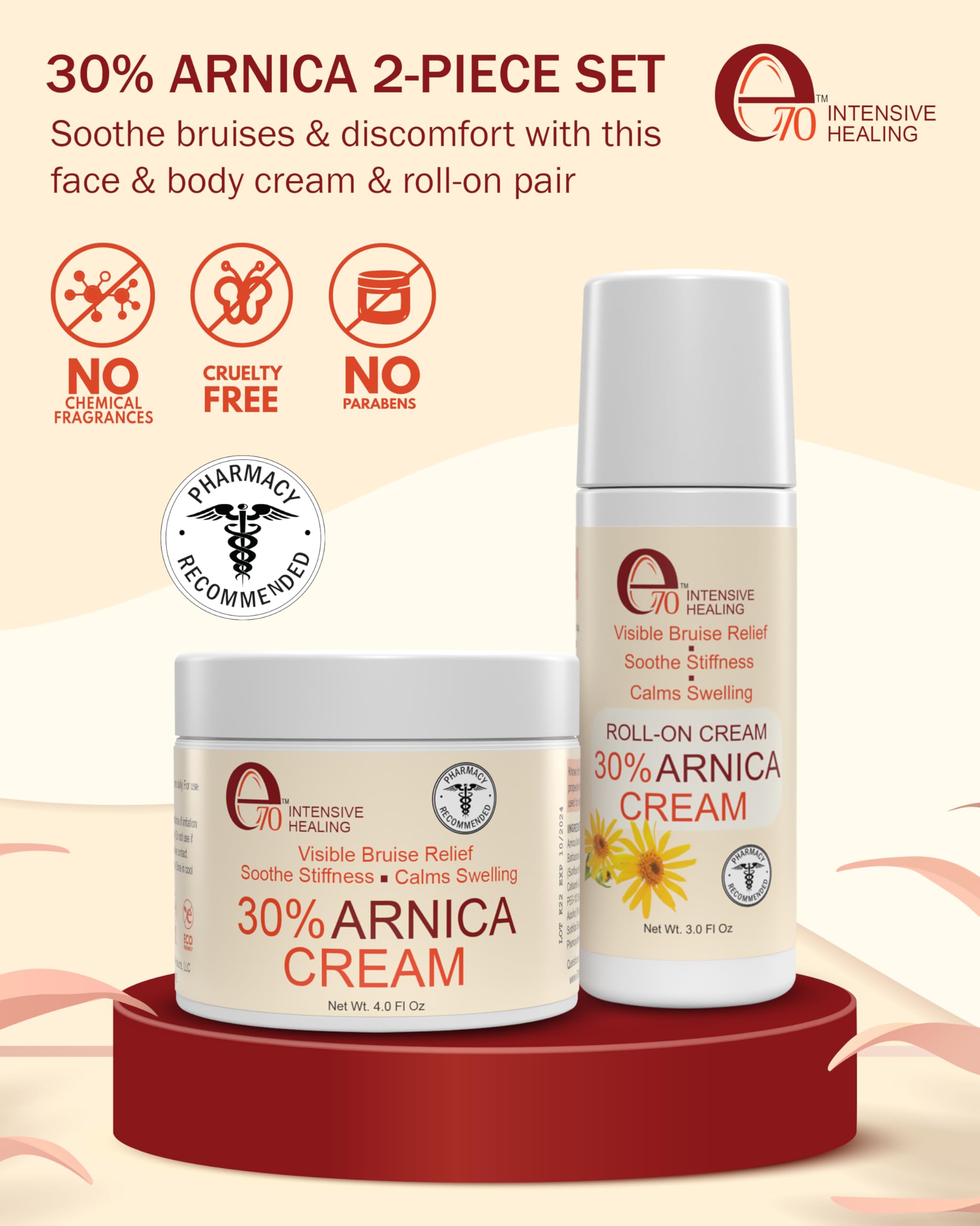 e70 Arnica Cream & Roll-On Set - 2-Piece Set Vitamin K Cream to Remove Bruises & Soothe Sore Muscles & Joints with 30% Arnica Mo
