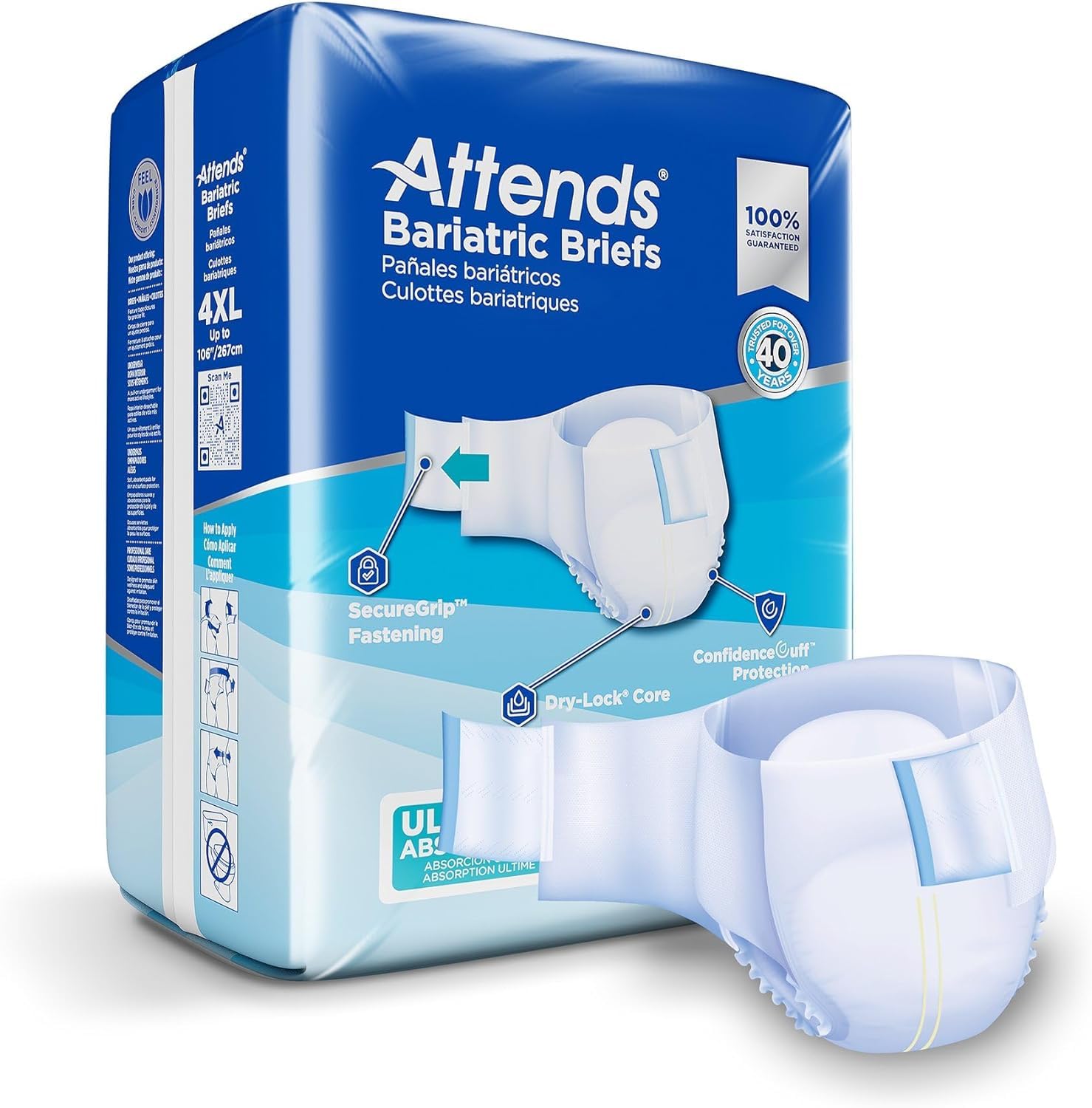 Attends Bariatric Incontinence Disposable Briefs, 4X-Large, Up to 106 Waist with SecureGrip Tab Closure, Ultimate Absorbency, Dr