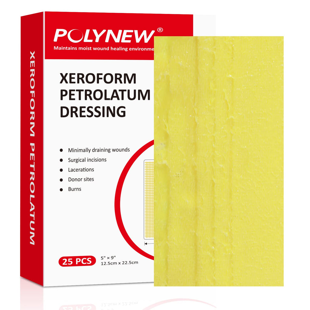 POLYNEW Xeroform Petrolatum Dressing 5x9, 25 PCS Non-Adherent Gauze for Low Exudating Wounds, Fine Mesh Gauze Pads for Burns, Ab