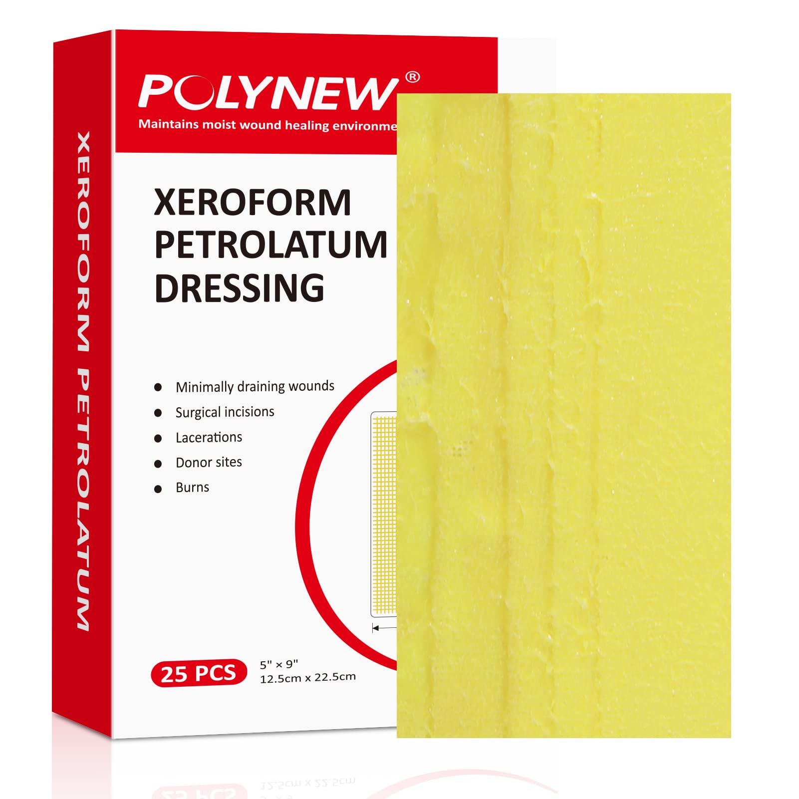 POLYNEW Xeroform Petrolatum Dressing 5x9, 25 PCS Non-Adherent Gauze for Low Exudating Wounds, Fine Mesh Gauze Pads for Burns, Ab