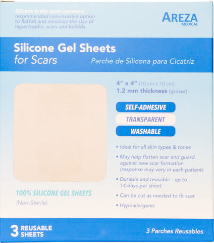 Silicone Gel Sheets for Scars 4'' x 4'' Three Sheets Per Box; by Areza Medical