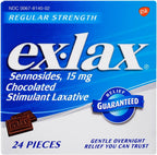 Ex-Lax Regular Strength Stimulant Laxative, Sennosides 15 mg, Chocolated Laxative for Gentle Overnight Relief, 24 Pieces (Pack o