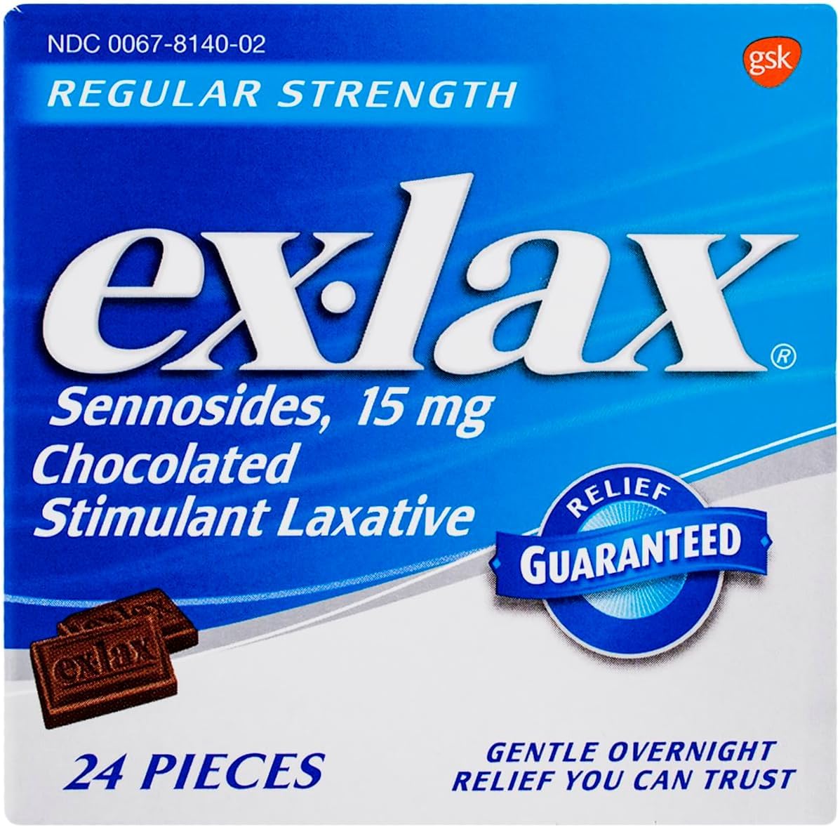Ex-Lax Regular Strength Stimulant Laxative, Sennosides 15 mg, Chocolated Laxative for Gentle Overnight Relief, 24 Pieces (Pack o