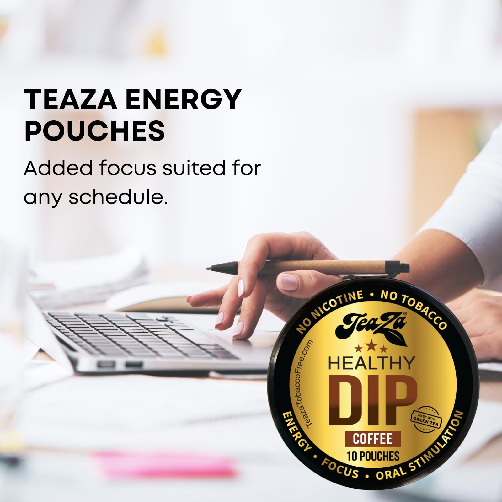 TeaZA Herbal Dip Coffee Pouches -Nicotine Free, Tobacco Free - Made with Green Tea Caffeine Energy Pouches (12 Pack)