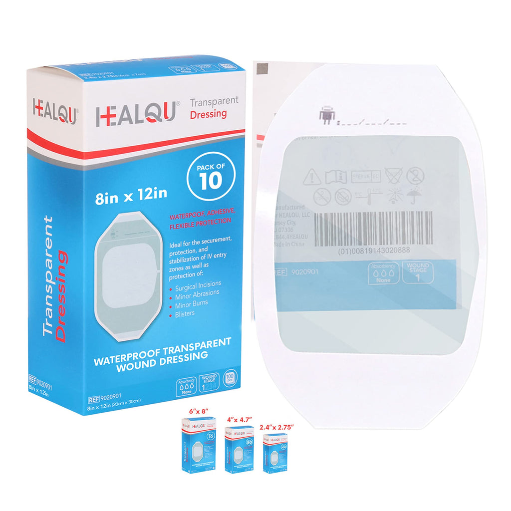 Transparent Film Dressing, 8'' x 12'' Box of 10 - Waterproof Wound Bandage Adhesive Patches, Post Surgical Shower or IV Shield, 