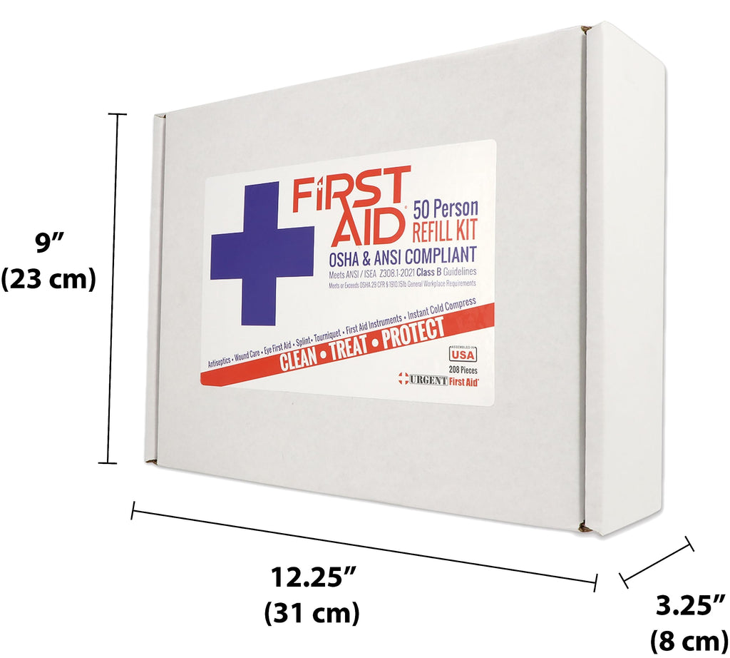OSHA & ANSI First Aid Kit Refill/Upgrade, 50 Person, 208 Pieces, ANSI 2021 Class B - Includes Splint, Tourniquet, Tools, Single