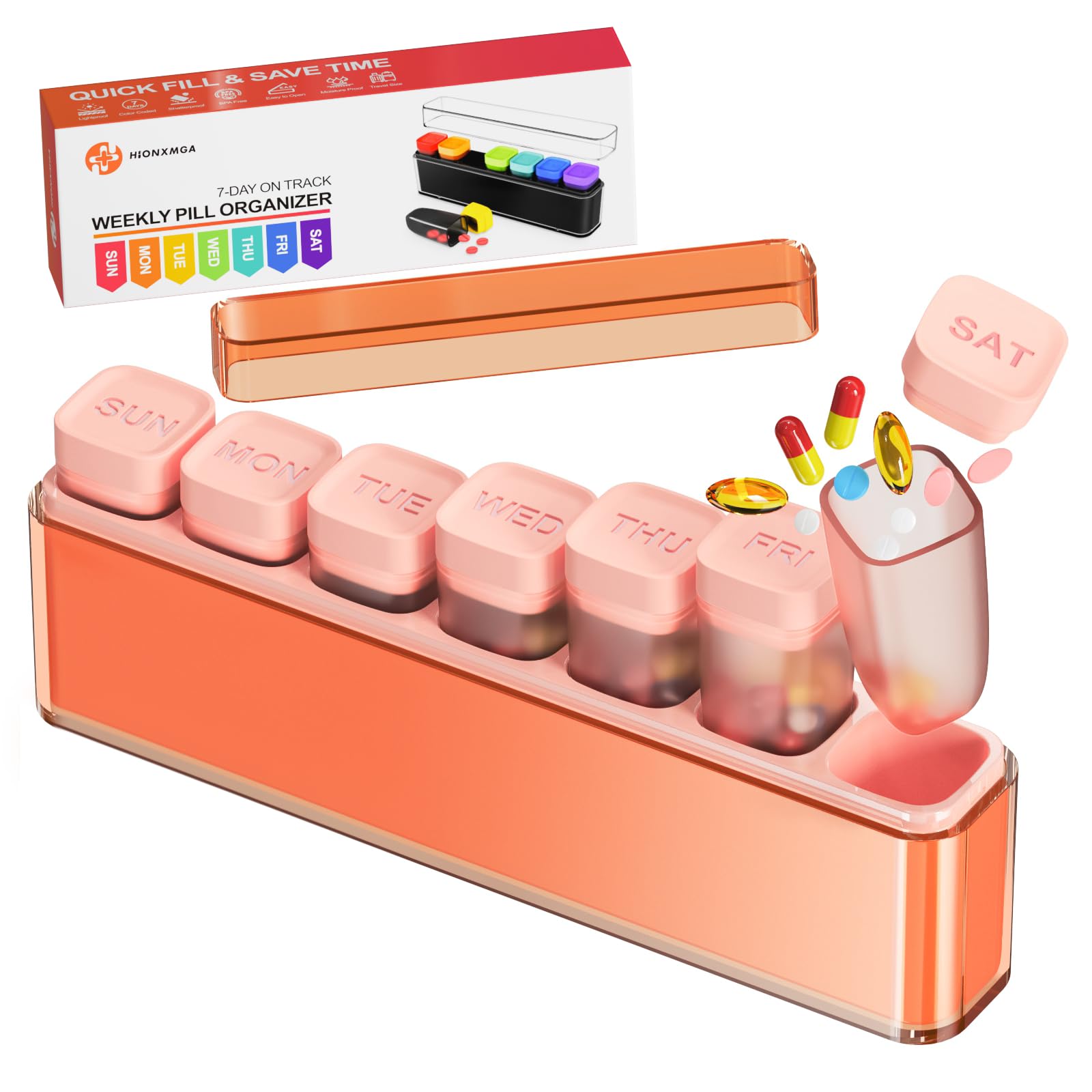 Weekly Pill Organizer 1 Time a Day, HIONXMGA Portable Detachable Travel Pill Box 7 Day, Large Once Daily Pill Holder Case, Color