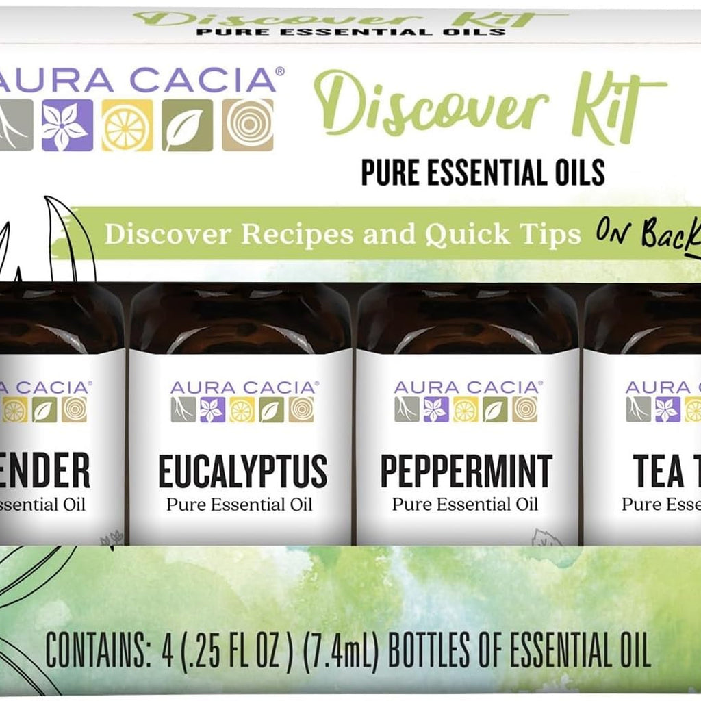 Aura Cacia Discover Essential Oils Kit, 4-Pack, Lavender, Eucalyptus ...