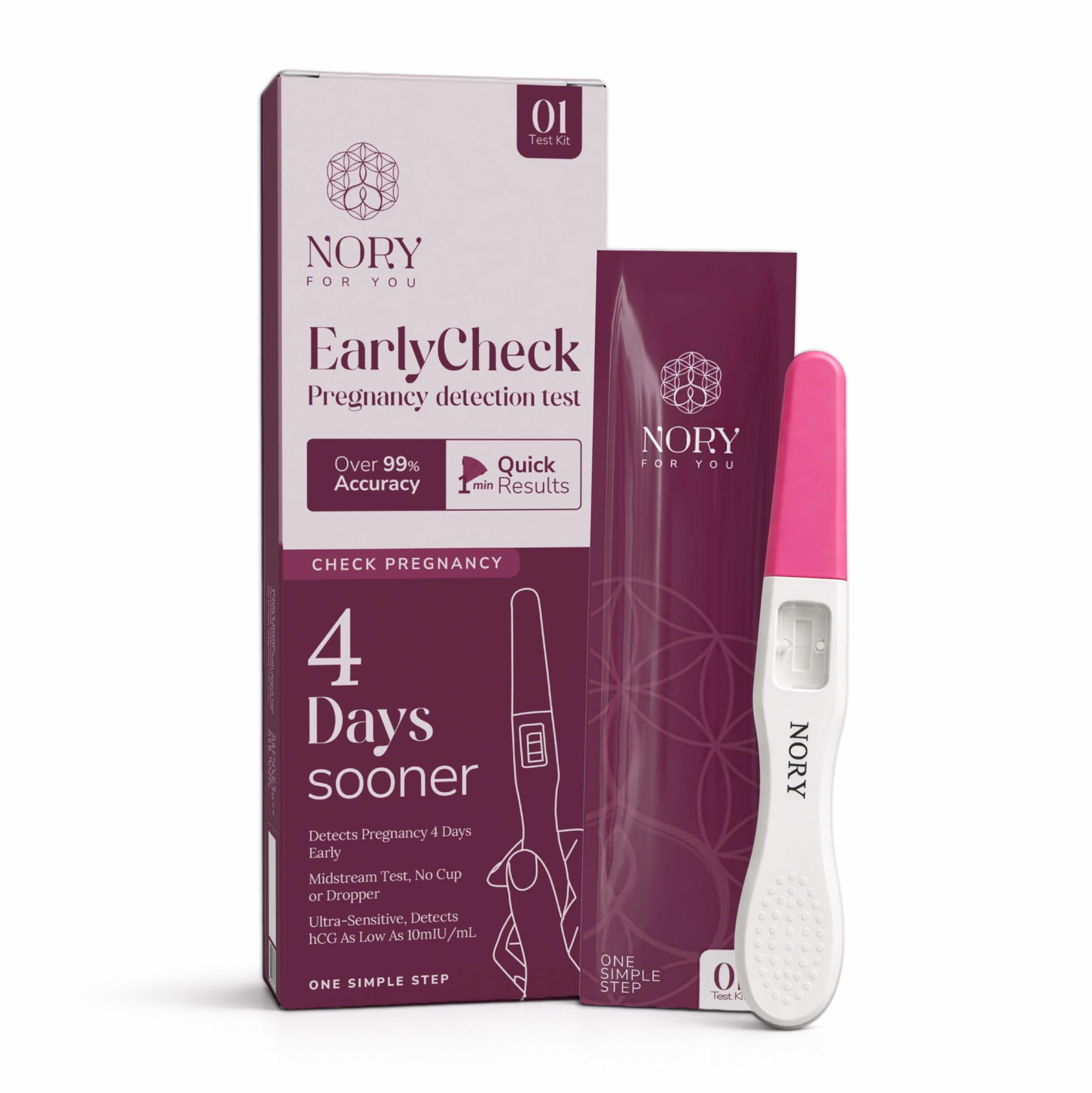 Nory Earlycheck Pregnancy Test  Detects 4 Days Sooner, Over 99% Accuracy, UltraSensitive Hcg Detection (10 Miu/Ml), Quick 1Mi