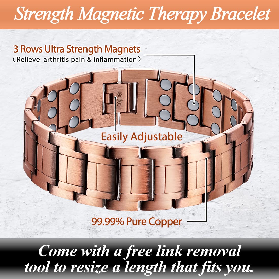 Cigmag 3X Copper Bracelet for Men Triple Ultra Strength Magnets, 99.99% Pure Copper Magnetic Bracelet & Copper Ring Set with Adj
