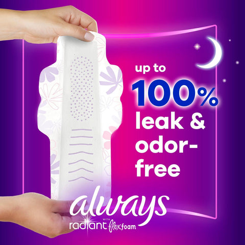 Always Radiant FlexFoam Pads for Women, Size 5, Extra Heavy Overnight Absorbency, 100% Leak & Odor Free Protection is Possible, 