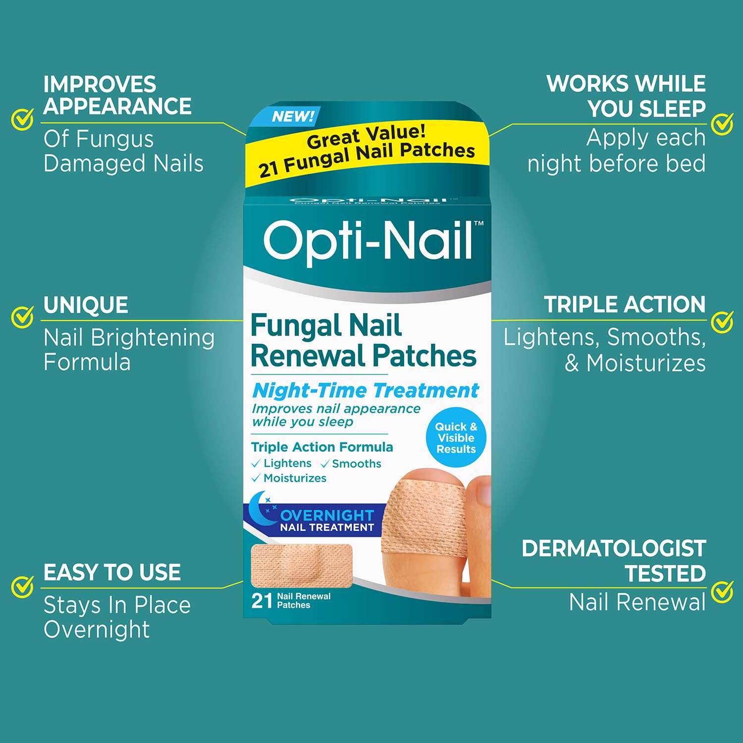 Opti-Nail Fungal Nail Renewal Patches, Night-Time Treatment Improves Nail Appearance While You Sleep, 21 Patches