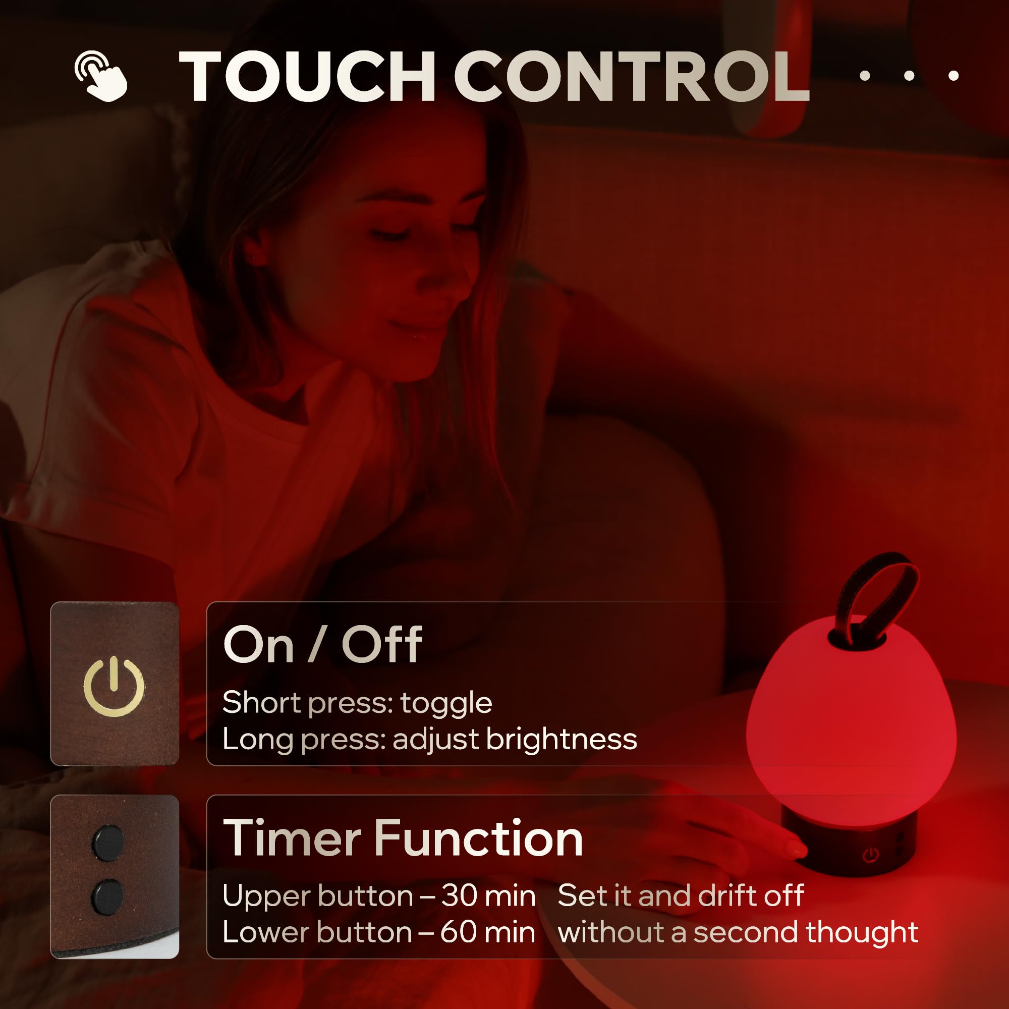 Red Light Therapy Sleep Lamp - 660nm Glow for Better Sleep | Cordless, Dimmable Night Light with Timer | Rechargeable, Portable