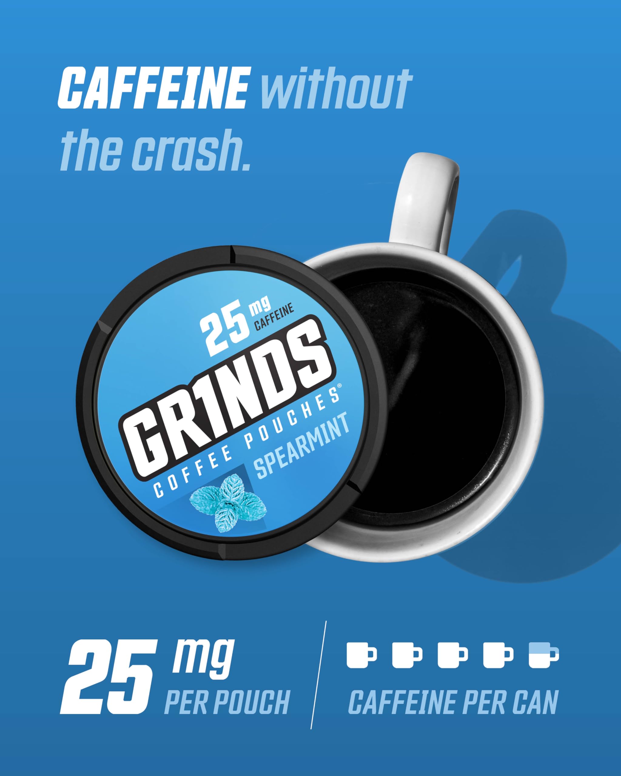 Grinds Coffee Pouches | Tobacco Free, Nicotine Free Healthy Alternative | 10 Cans of Spearmint | 18 Pouches Per Can | 1 Pouch eq