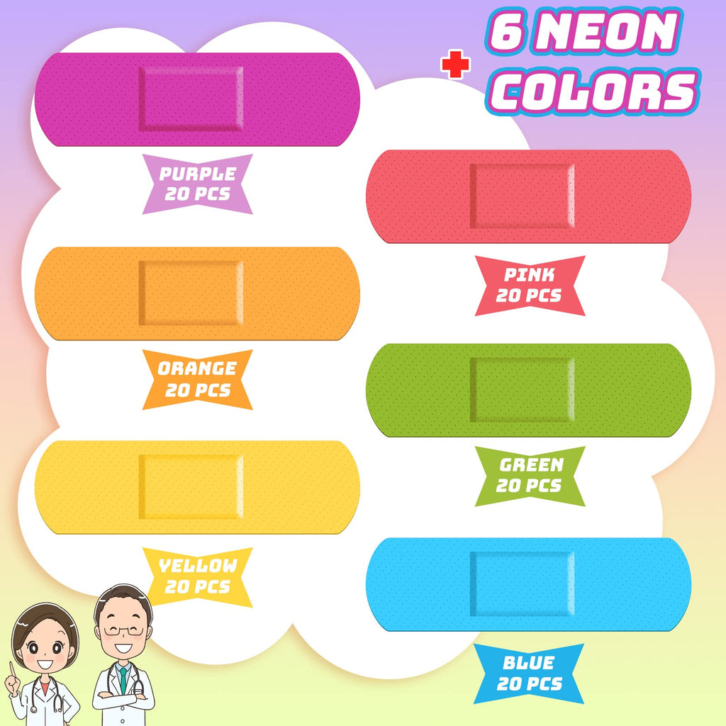 Yinder 120 Pcs Kids Bandages Bulk Colorful Flexible Bandages Neon Waterproof Breathable Strip Protect Cuts and Scrapes for Child