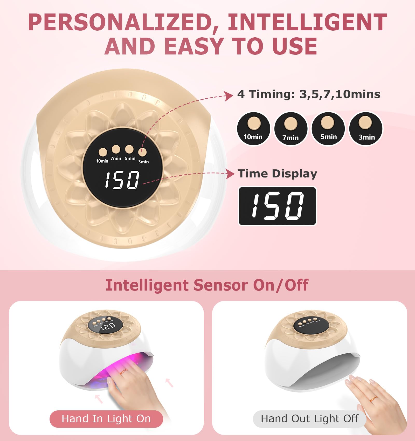 Upgraded Large Nail Lamps, 42pcs*650nm+15pcs*470nm,Intelligent Sensor&Digital Display (Gold)