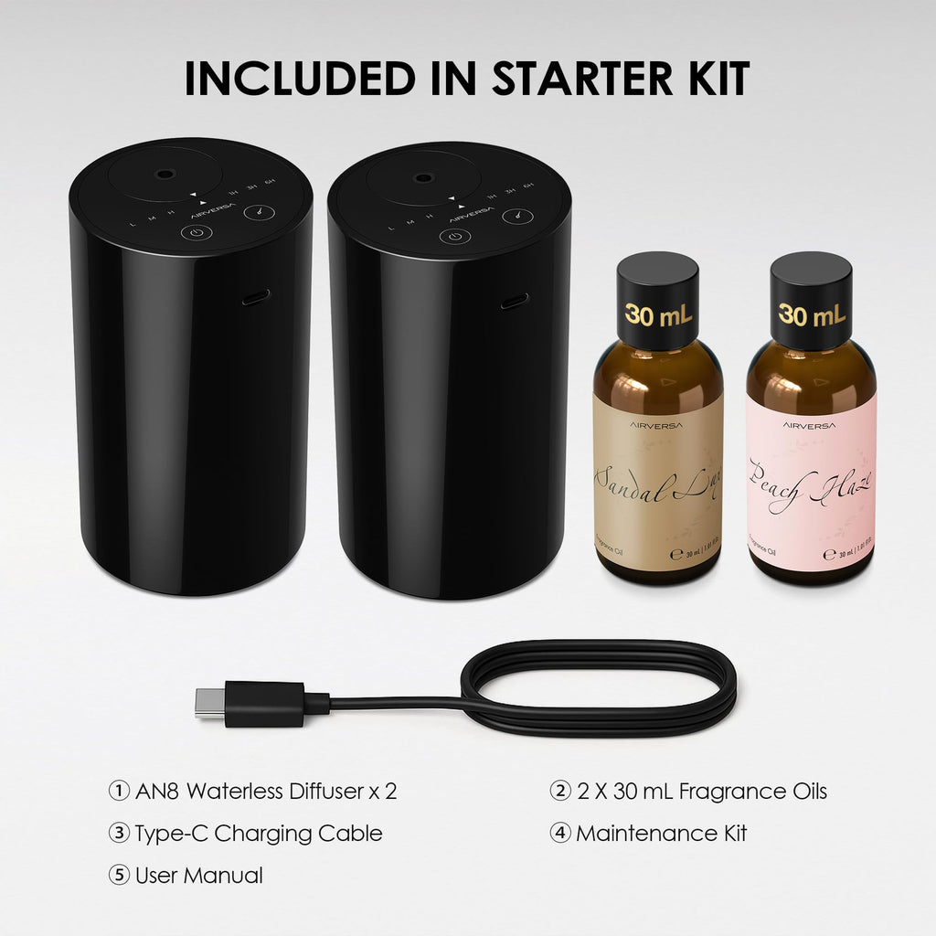 Airversa Waterless Essential Oil Diffuser Starter Kit with 2 x 30mL Fragrance Oil, Battery Operated Mini Scent Air Machine Porta