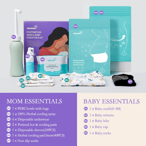 Grownsy Postpartum Mom & Baby Essential Kits, Postpartum Recovery Kit for Labor &Delivery with Hospital Essentials for Women Aft