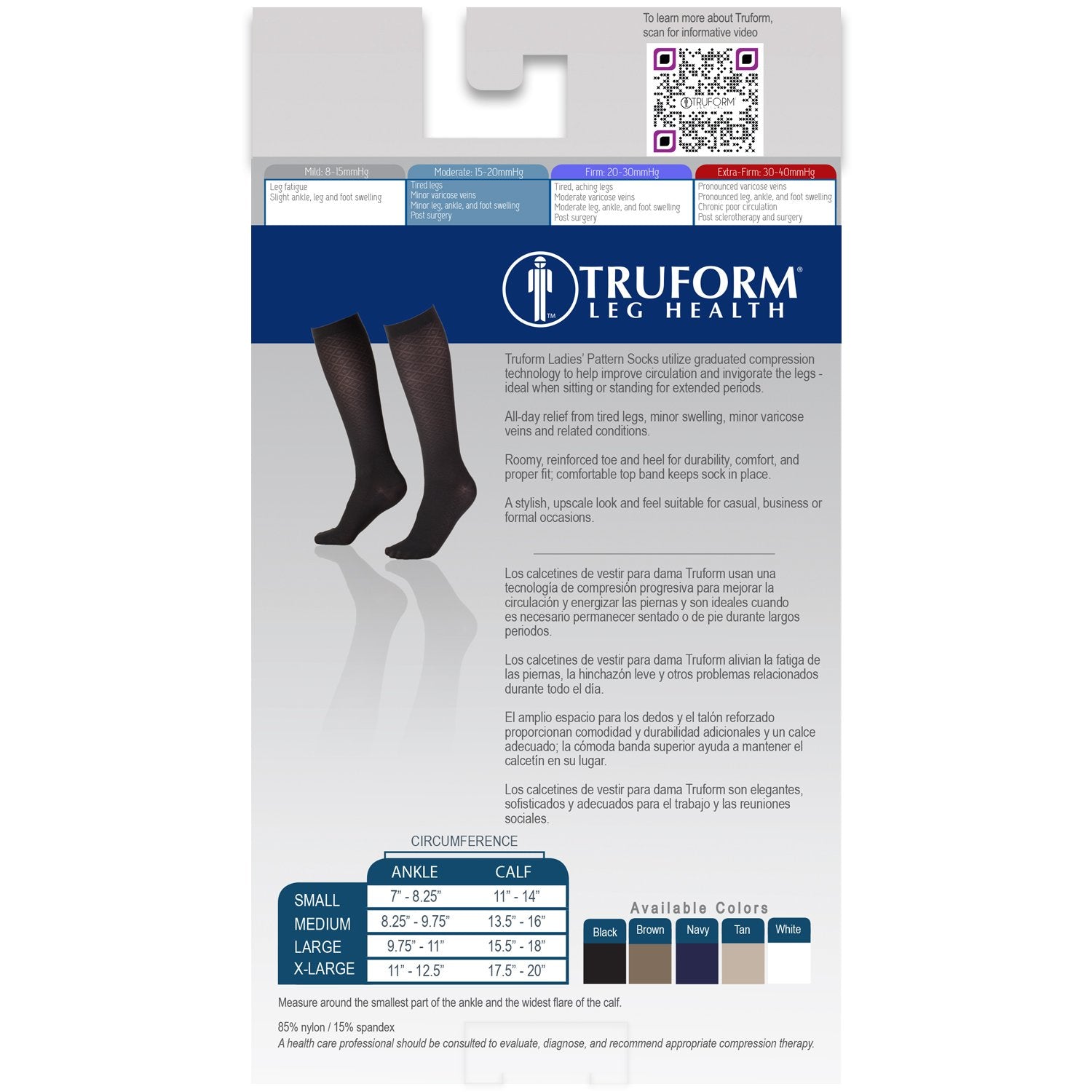 Truform Compression Socks, 15-20 mmHg, Women's Dress Socks, Knee High Over Calf Length, White, Large, 1976WH-L