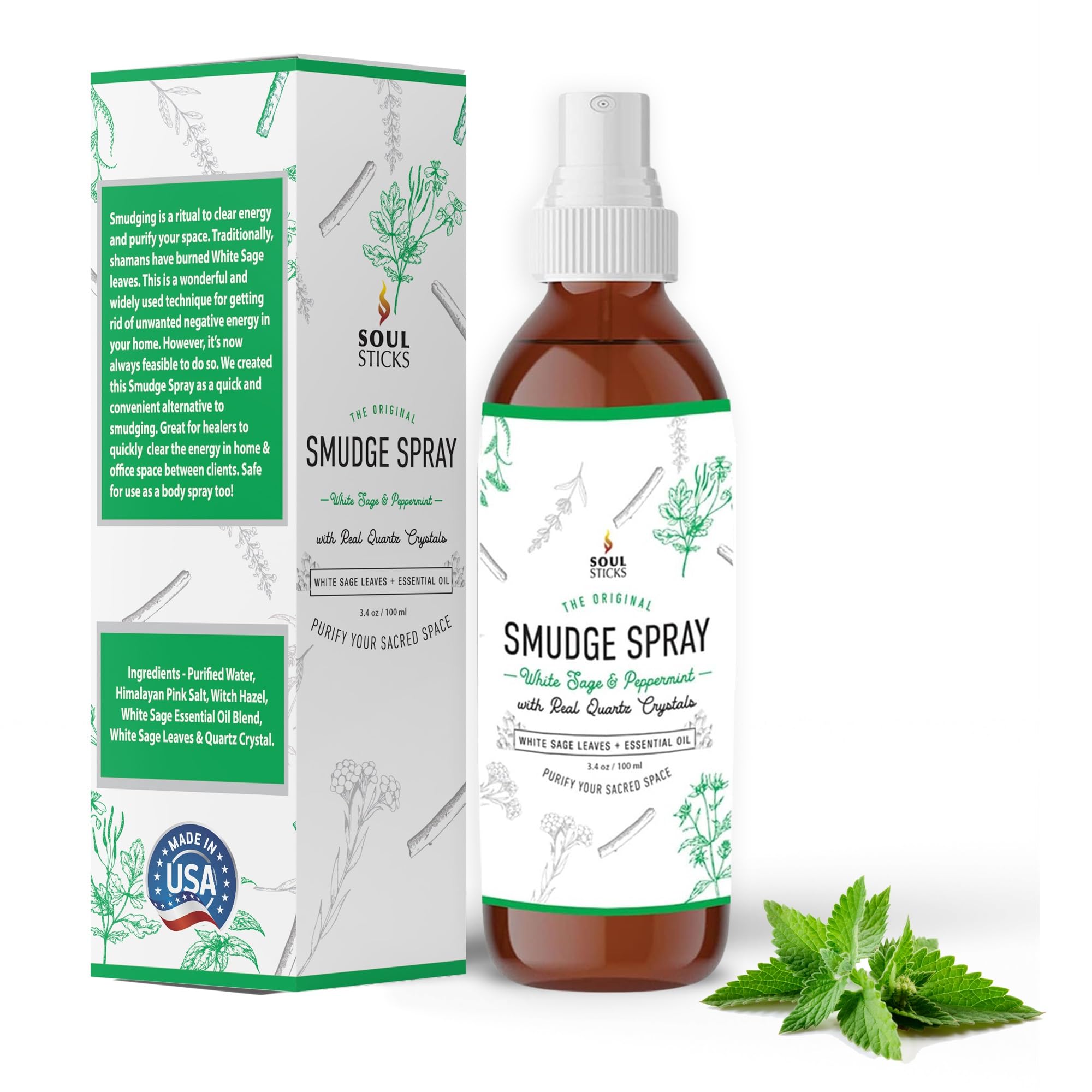 Soul Sticks Smudge Spray for Cleansing Negative Energy and Purifying Home | Made with White Sage and Quartz Crystals | 3.5 oz. B