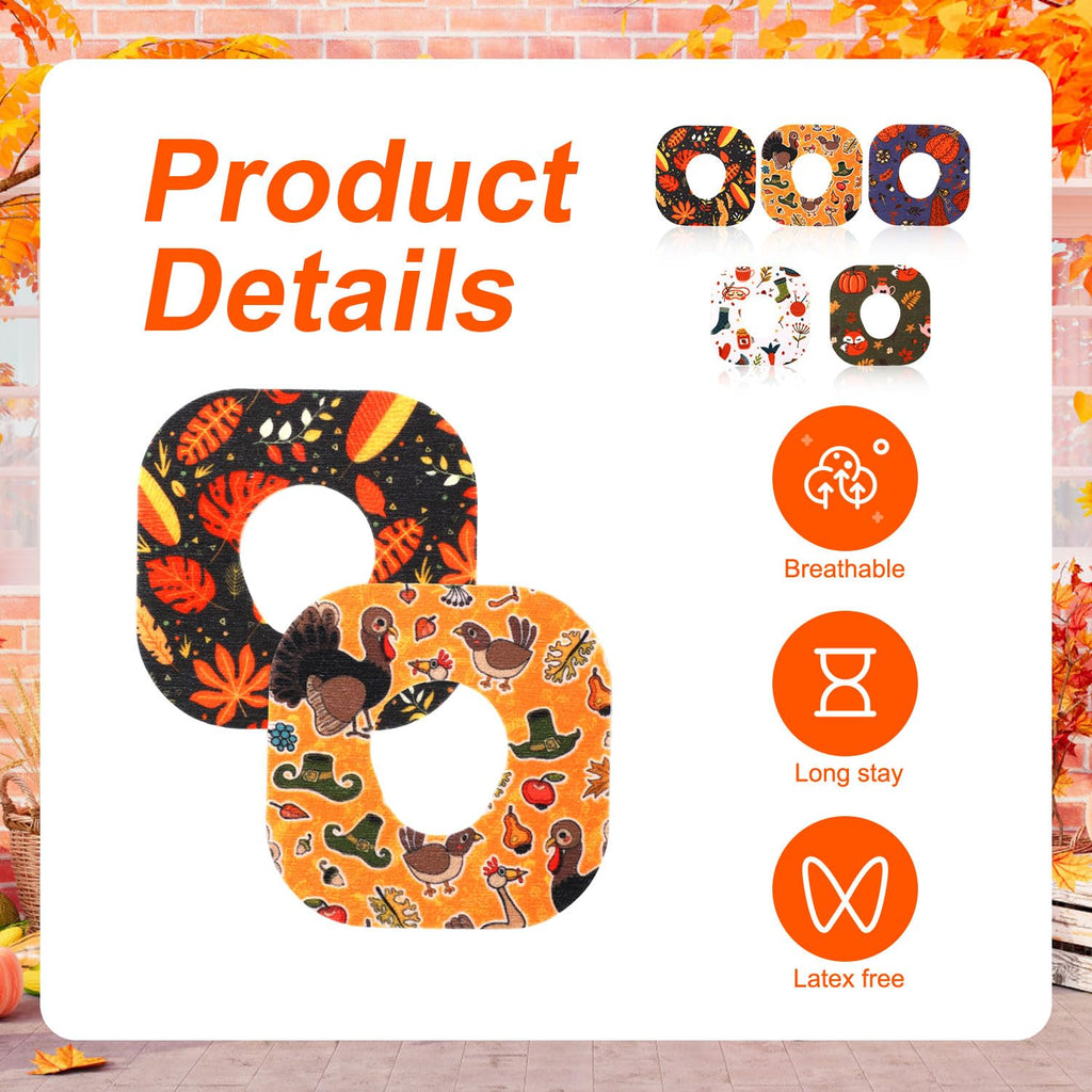 40pcs Glucose Sensor Patches for Dexcom G7, Waterproof Non-Woven Fabric CGM Overpatches Thanksgiving Style Adhesive Sensor Stick