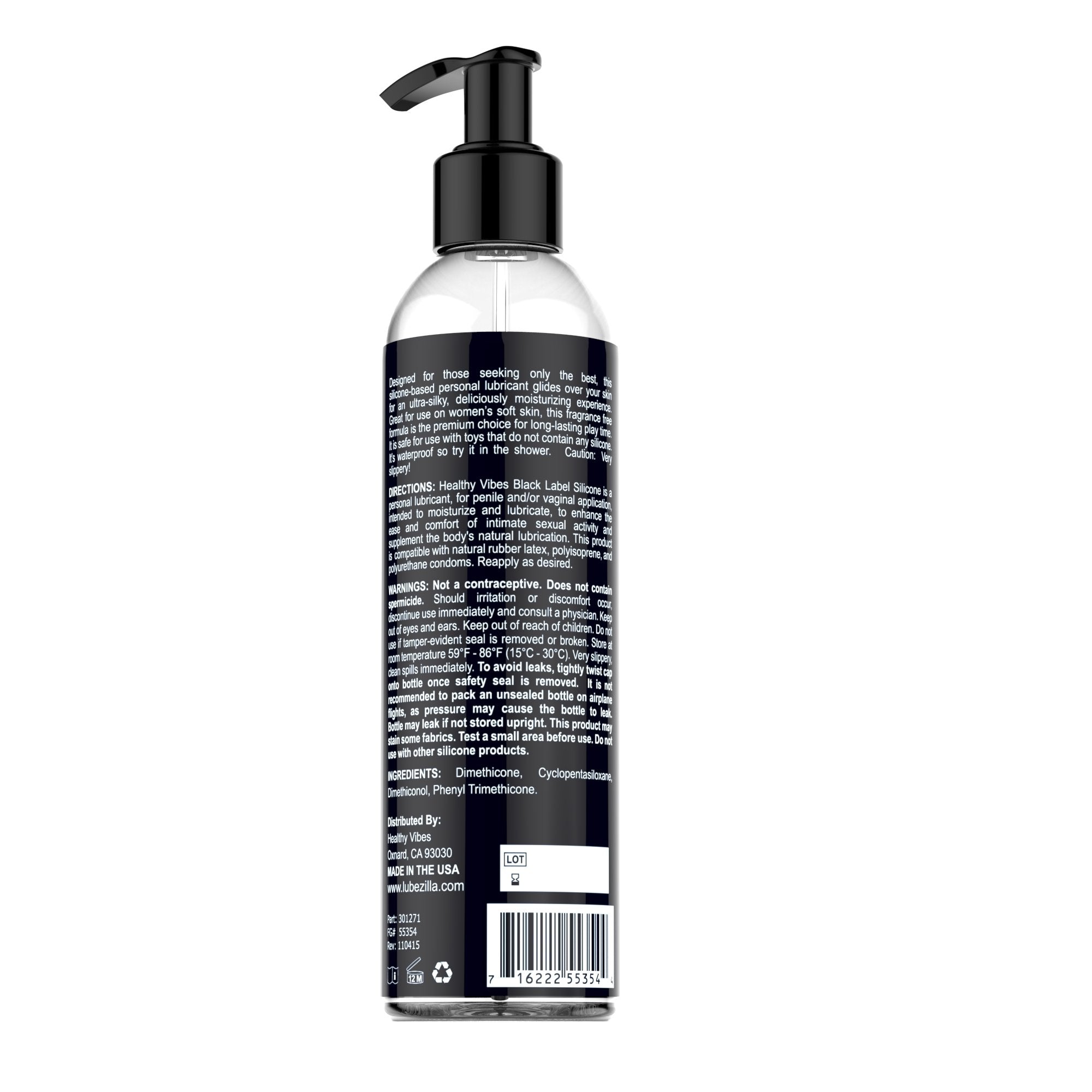 Healthy Vibes Black Label Silicone Personal Lubricant, 8 oz - Long Lasting, Easy to Clean, Water Resistant, Safe for Most Skin Types, Clear