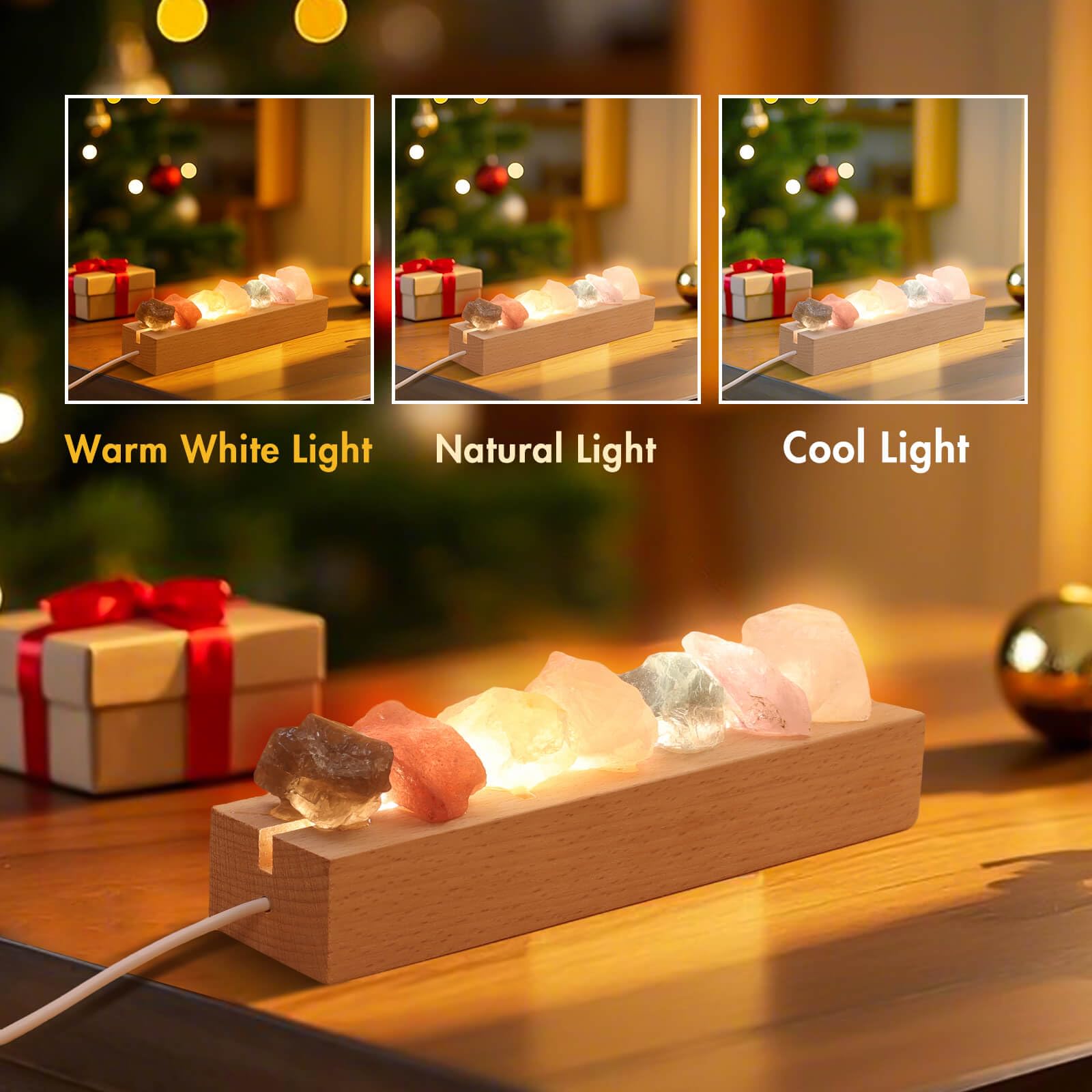 HYAMVOR Healing Crystal Night Light,7 Chakra Stones Bedside Lamp,Mood Light with Wooden LED Light Base,Healing Stones Positive E