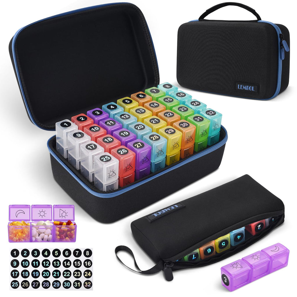 Monthly Pill Organizer 3X a Day with Portable 7-Day Travel Medicine Organizing Bag,Large Pill Box with 32 Daily Compartments,30 
